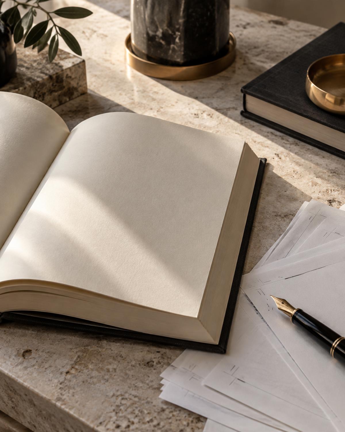 Livro aberto, originais e caneta em mesa editorial